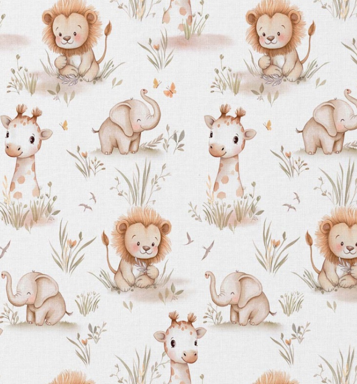 Een stijlvolle katoenen stof met een baby safari animal print in zachte kleuren. Perfect voor het maken van kleding, accessoires en decoratieve projecten.