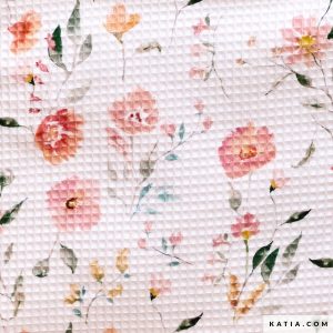 Ontdek de Amazonia Flowers wafelstof van Katia Fabrics. Zachte 100% katoenen stof met bloemenprint en honingraatstructuur, ideaal voor babyaccessoires en handdoeken.