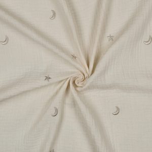 Luchtige double gauze met geborduurde sterren en manen. Zachte, ademende katoenen stof ideaal voor kleding, babykleding en accessoires.
