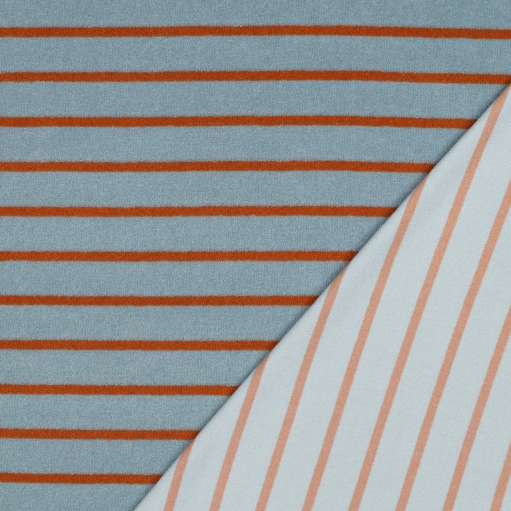 Katoenen badstof met garengeverfde strepen in blauw en bruin. Zacht, vochtabsorberend en perfect voor handdoeken, badjassen, babyartikelen en andere naaiprojecten.