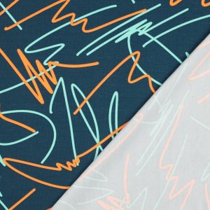 Soepele Poppy jersey met neon abstract print op petrol. Zachte, rekbare stof ideaal voor comfortabele en opvallende kledingstukken.