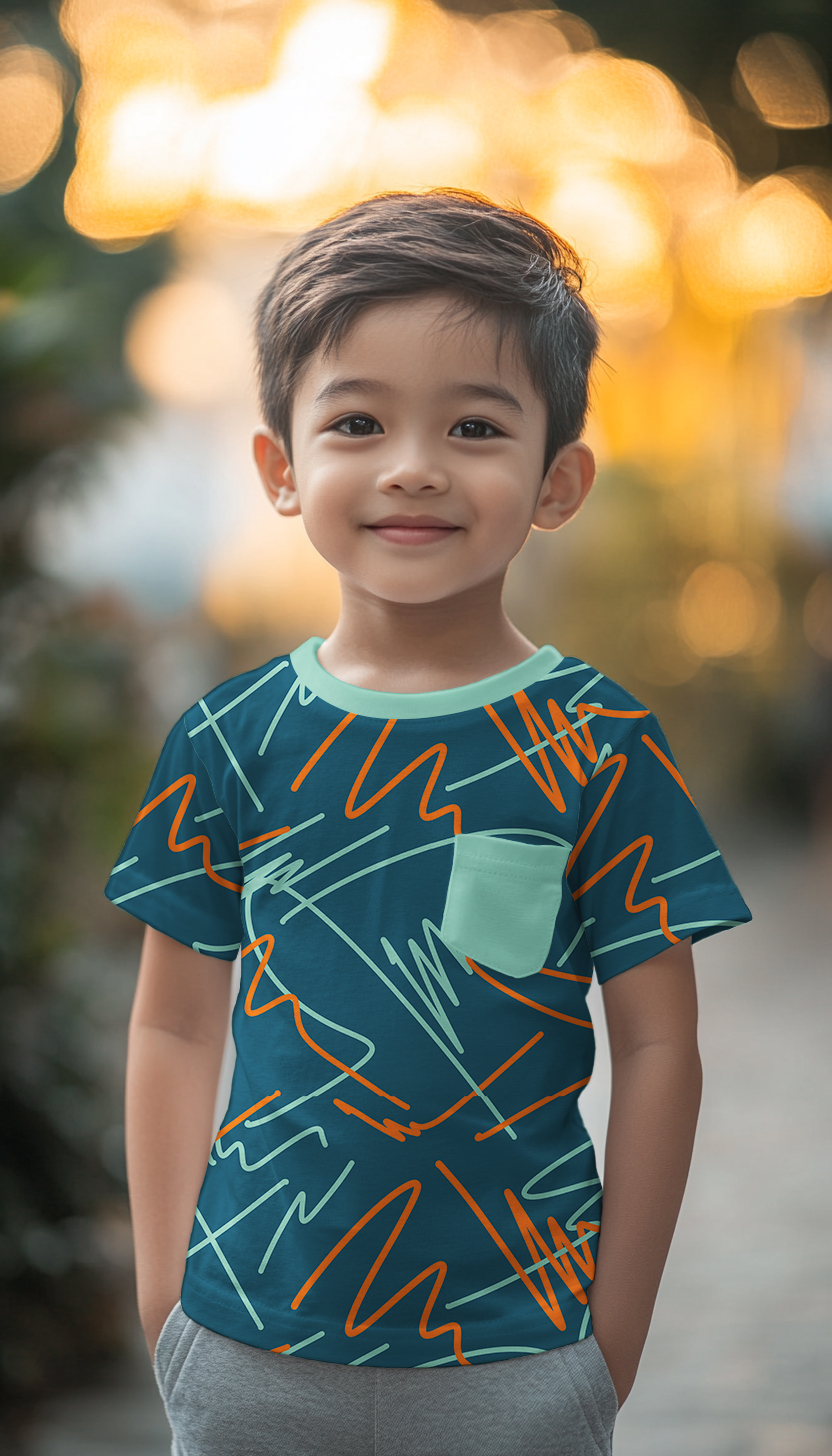Soepele Poppy jersey met neon abstract print op petrol. Zachte, rekbare stof ideaal voor comfortabele en opvallende kledingstukken.