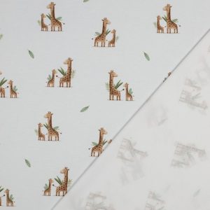 Zachte Poppy jersey met digitale girafprint op wit. Rekbare en comfortabele stof, ideaal voor baby-, kinder- en dameskleding