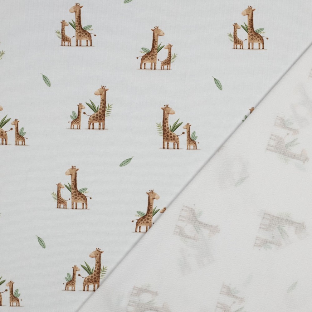Zachte Poppy jersey met digitale girafprint op wit. Rekbare en comfortabele stof, ideaal voor baby-, kinder- en dameskleding