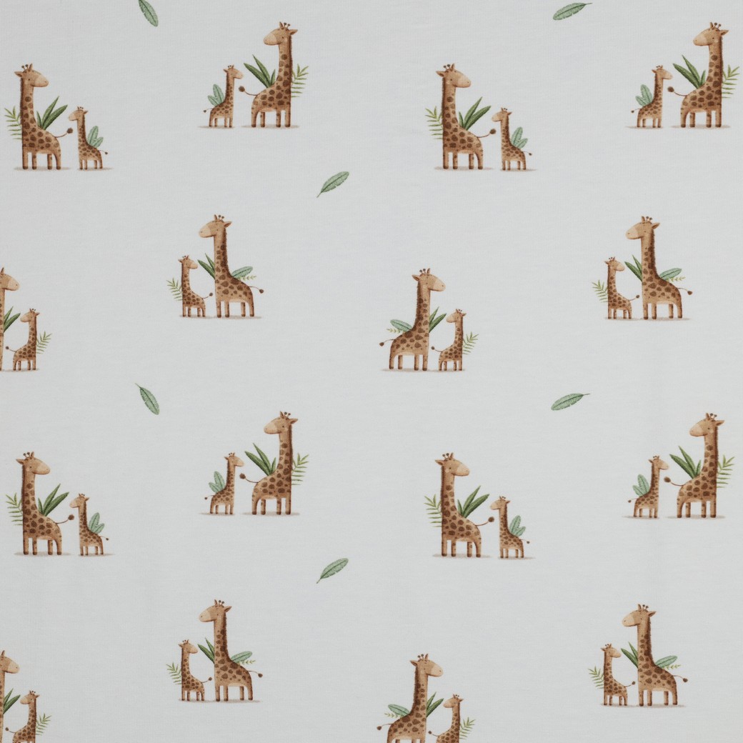 Zachte Poppy jersey met digitale girafprint op wit. Rekbare en comfortabele stof, ideaal voor baby-, kinder- en dameskleding