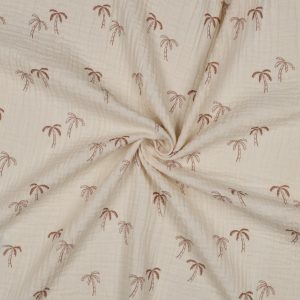 Duurzame double gauze van biologisch katoen met palmboomprint. GOTS en OEKO-TEX gecertificeerd, zacht, ademend en ideaal voor kleding en babyproducten.