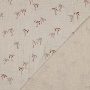 Duurzame double gauze van biologisch katoen met palmboomprint. GOTS en OEKO-TEX gecertificeerd, zacht, ademend en ideaal voor kleding en babyproducten.