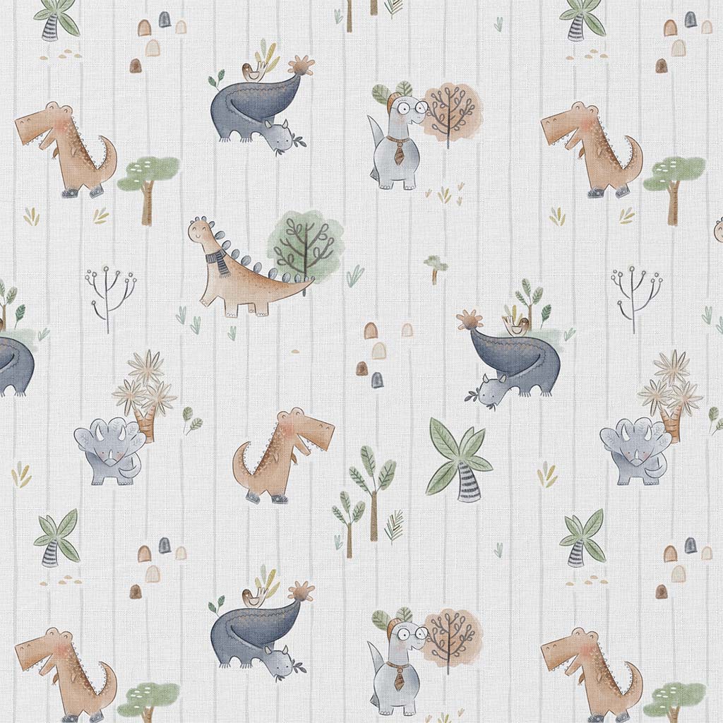 Ontdek deze bedrukte katoenen stof met dino's, palmbomen en tropische planten. OEKO-TEX Standard 100 gecertificeerd en perfect voor kinderkleding, accessoires en decoratie.