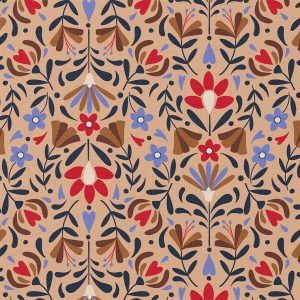 De bedrukte katoen Lafleur beige/rood is een katoenen stof met bloemenprint, ademende eigenschappen en OEKO-TEX Standard 100 certificering. Ideaal voor kleding en woondecoratie.