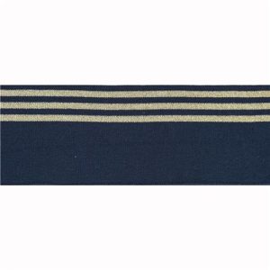 Met deze donkerblauwe boordstof met gouden strepen maak je in een handomdraai mooie manchetten of taille-boord aan de mouwen van een shirt, trui, onderaan een jas, jurk, broek of sweater.