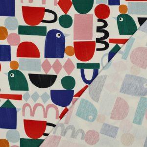 French Terry GOTS met digitale print van grafische vormen van Jennifer Bouron in naturel. De washed look is onderdeel van het ontwerp.