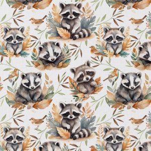 Vrolijke bedrukte katoen met wasberen in wit en oranje. Katoenen stof van 115 g/m², ideaal voor creatieve naaiprojecten en accessoires.