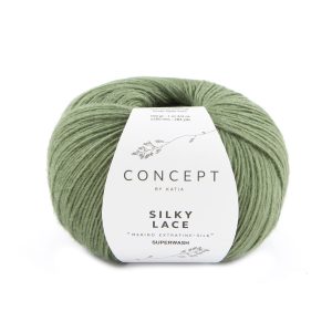 Katia Silky lace Silky Lace is een zijdezacht garen in zachte kleuren en met glans. De warme mix van zijde en merino is ideaal voor het maken van geweldige opengewerkte sjaals.