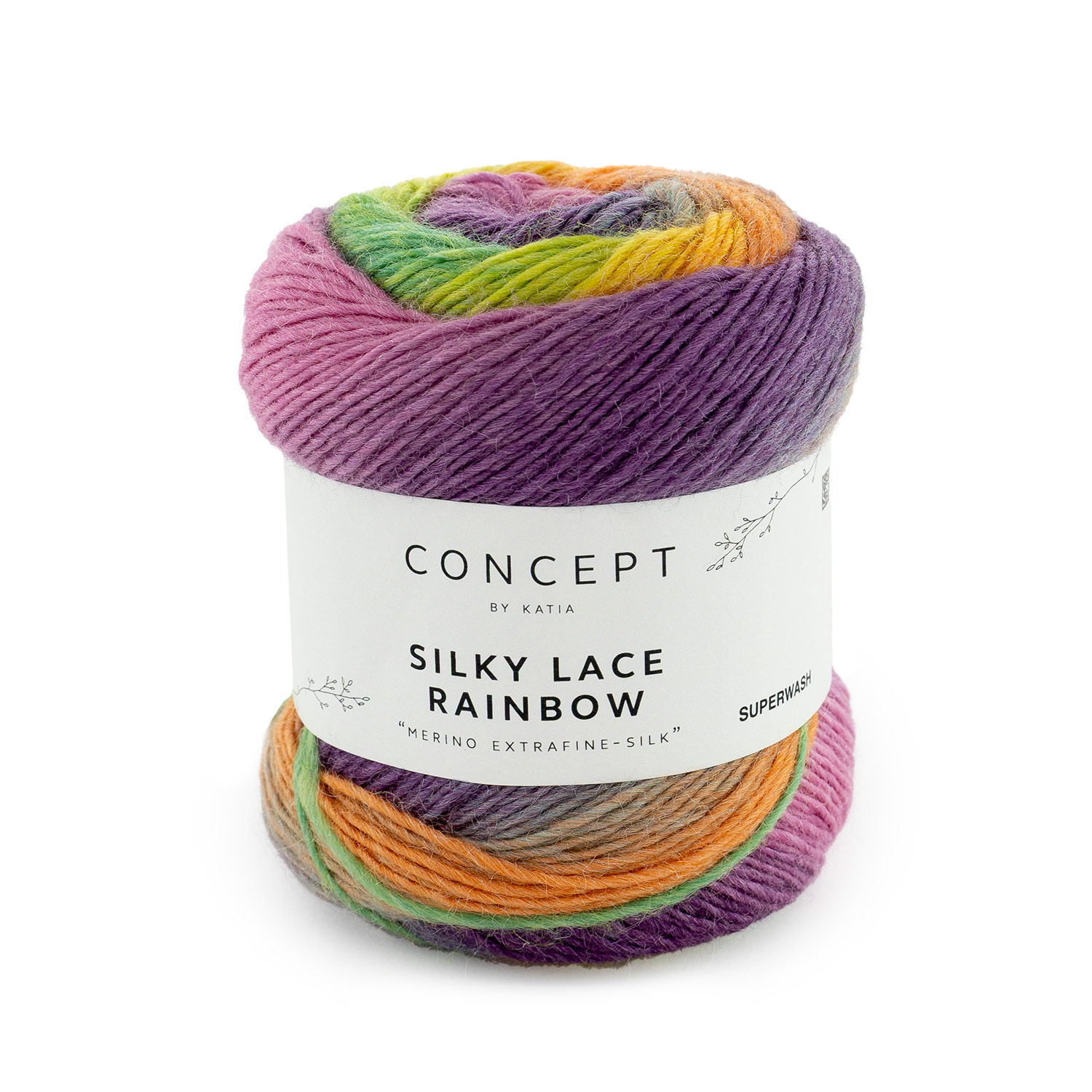 Ontdek Concept Silky Lace Rainbow, een elegante mix van merinowol en zijde met een lange kleurverloopcyclus die vloeiende en harmonieuze overgangen creëert