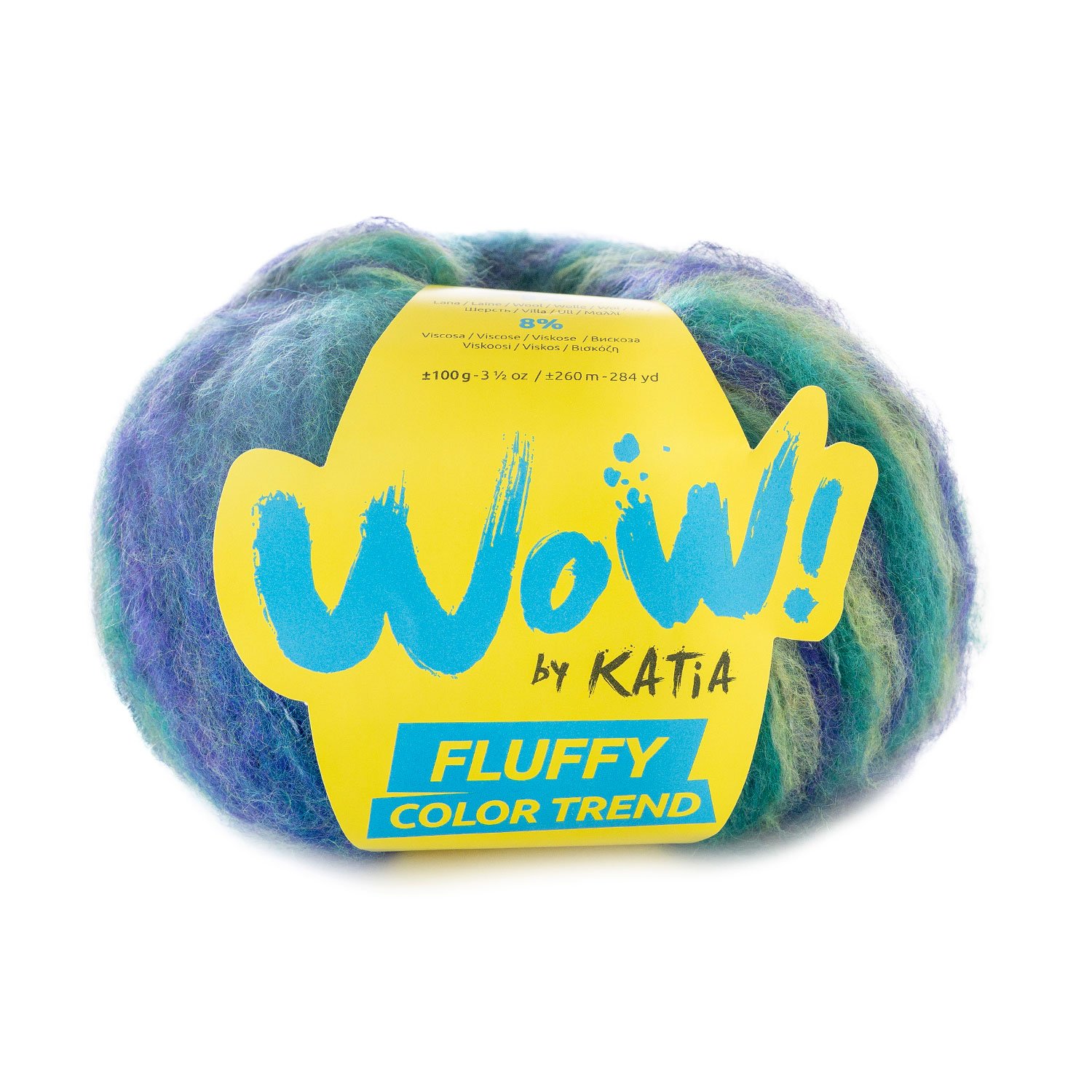 Katia Wow Fluffy Color Trend is een pluizig garen met veel volume en een mix van acryl, polyester, viscose en wol. Creëer moderne en jeugdige kledingstukken.