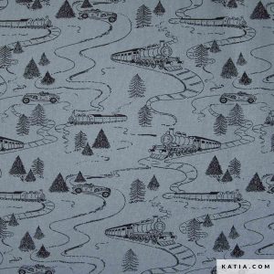 Ontdek Winter Sweat Vintage Trains van Katia Fabrics: een warme, zachte sweatstof met nostalgische treinprint, perfect voor comfortabele kinderkleding.
