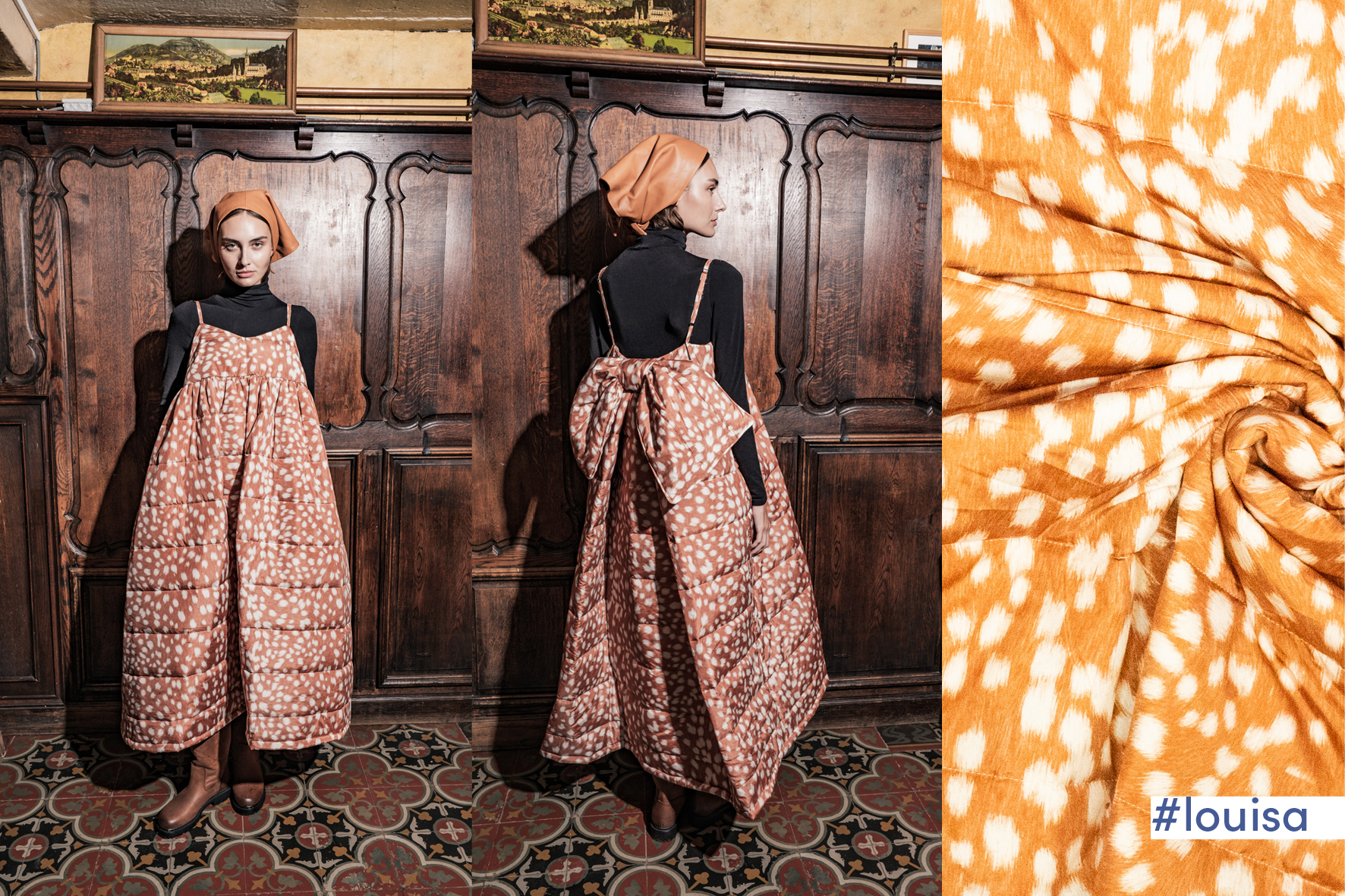 Deze gewatterde stof met bambi print wordt gebruikt voor Fibre Mood model Louisa en is duurzaam gemaakt volgens de OEKO-TEX Standard 100.