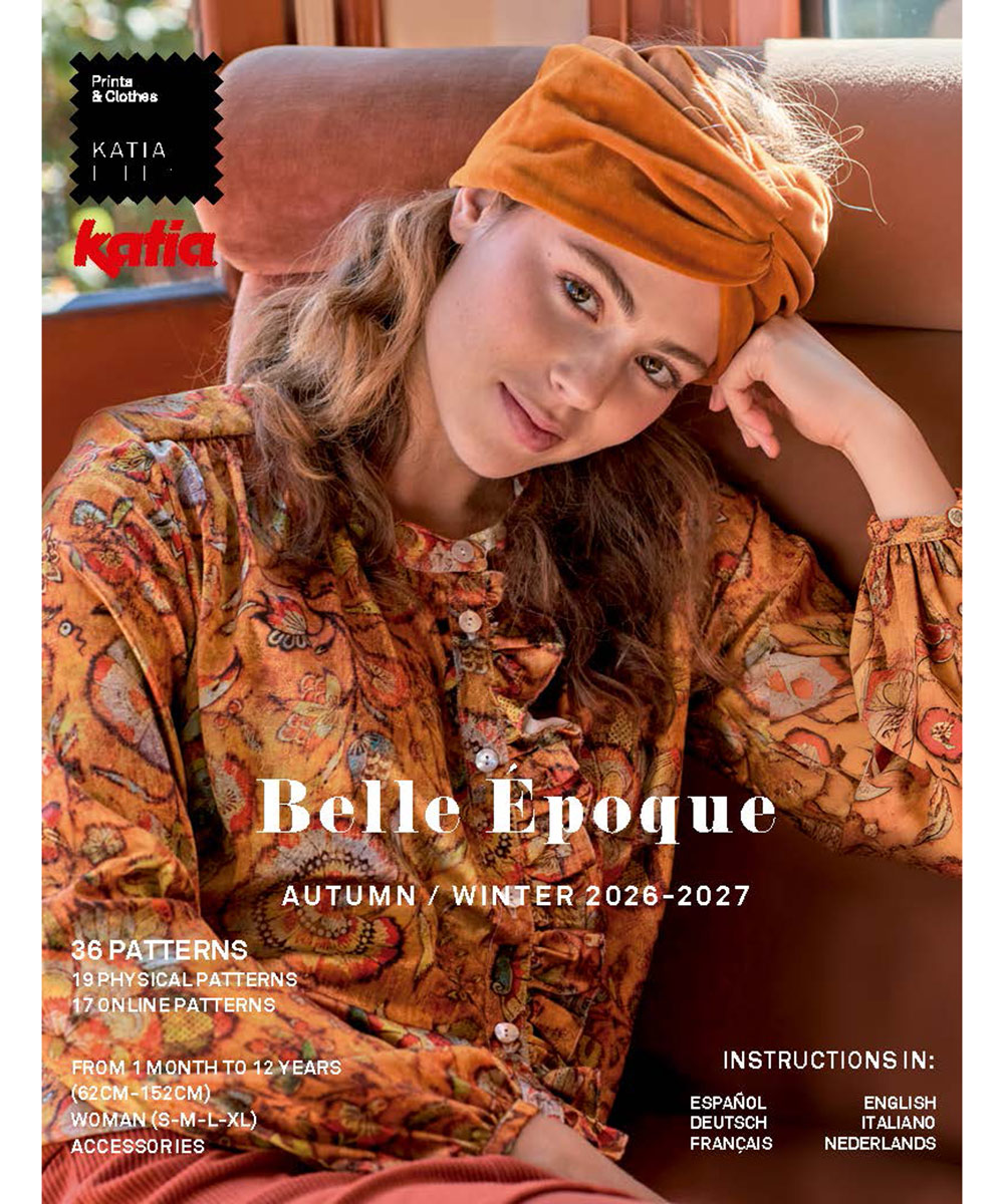Ontdek Belle Époque van Katia Fabrics: een stijlvol naaipatroonmagazine met patronen voor baby, kind en vrouw, vol inspiratie voor herfst-winter 2026/2027.